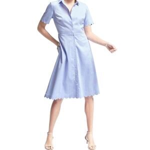 Banana Republic Midi Dress Size 10  Blue Pinstripe Scalloped Edge Old Money